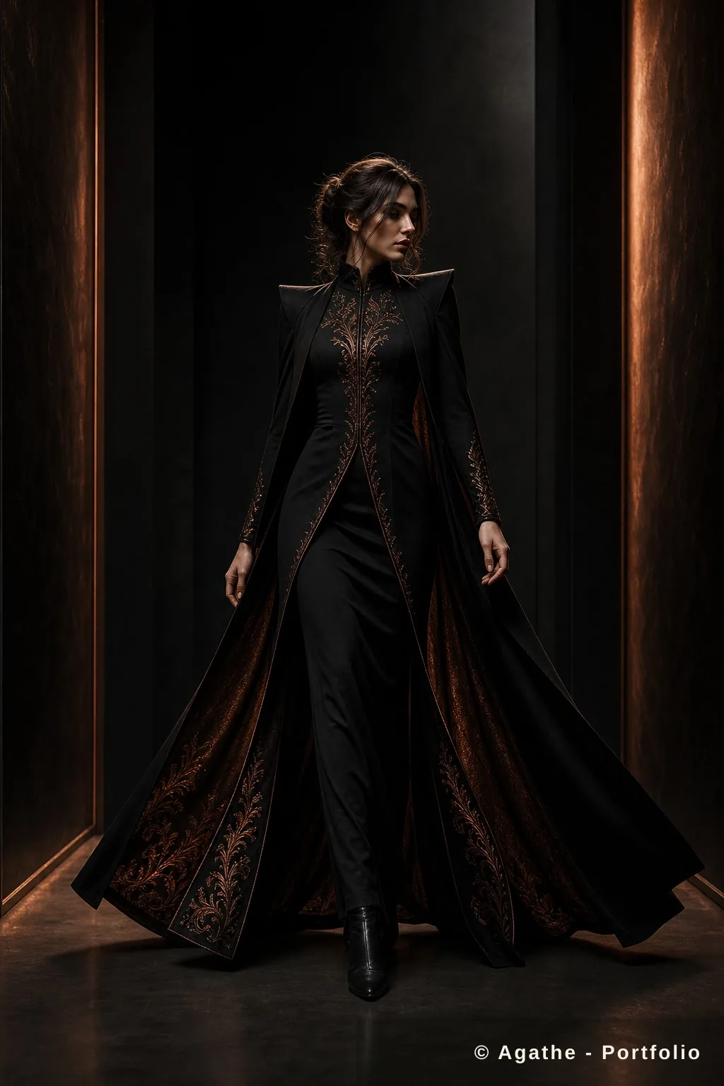 Tenue fantasy sombre avec cape en studio